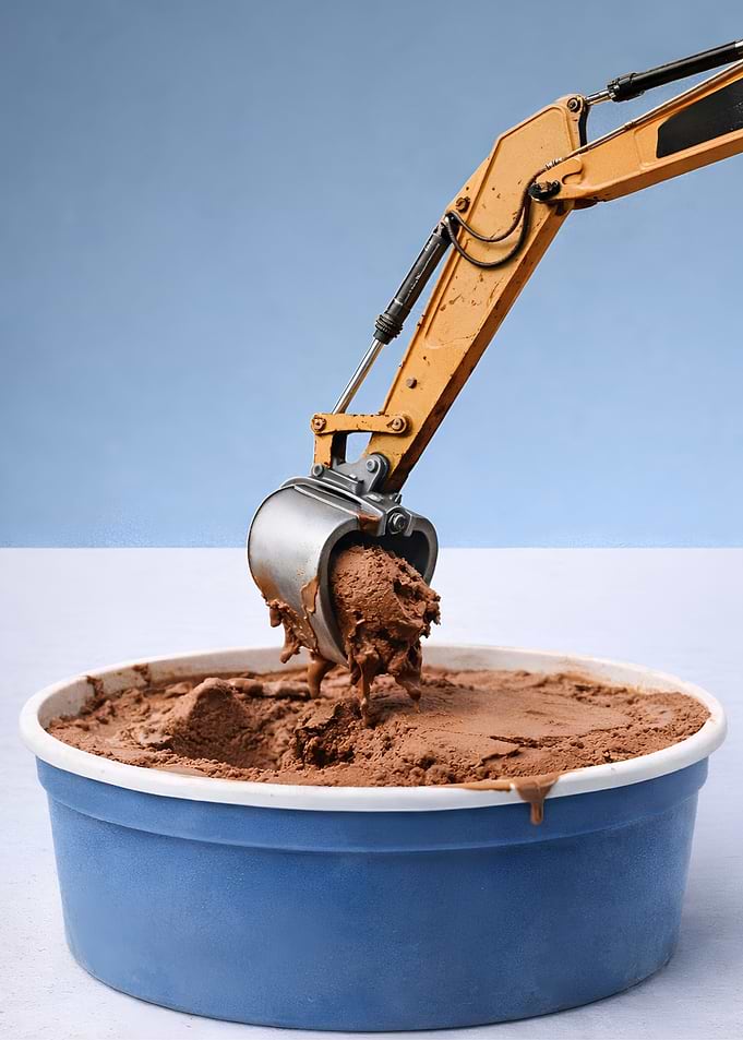 Excavator scooping chocolate ice cream