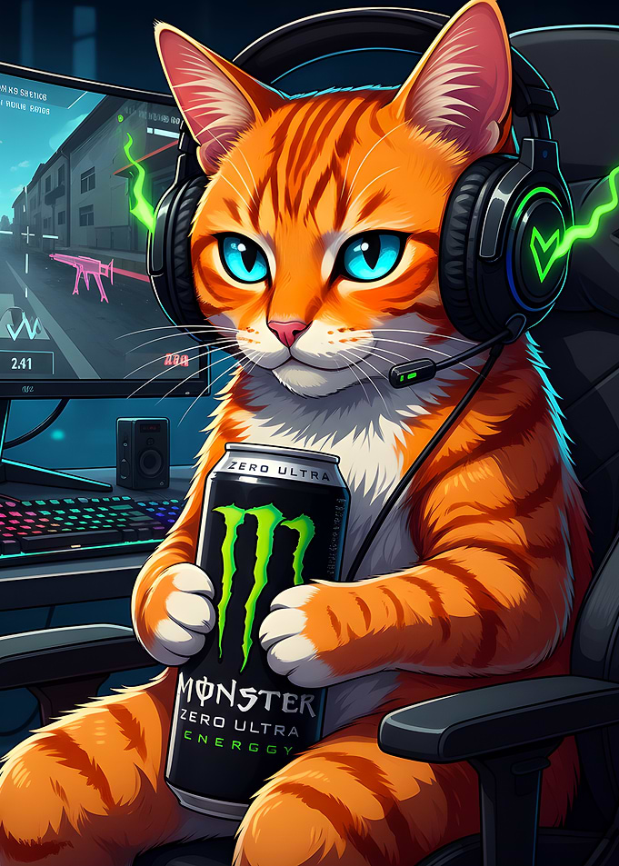 Gamer Cat with Monster Energy Drink