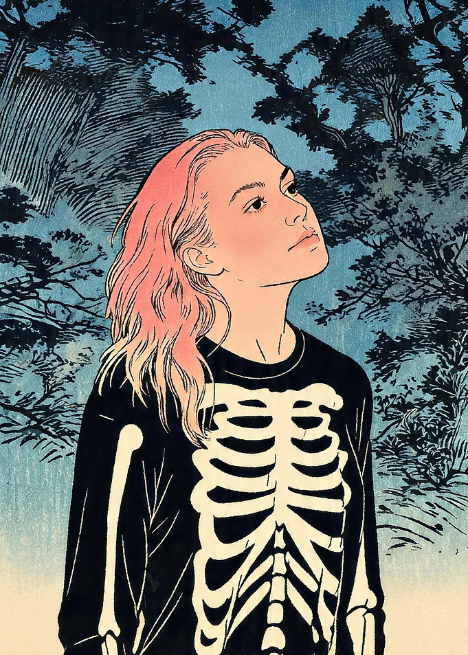 Woman in Skeleton Shirt in Forest