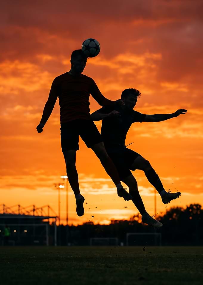 Soccer players jumping for ball at sunset