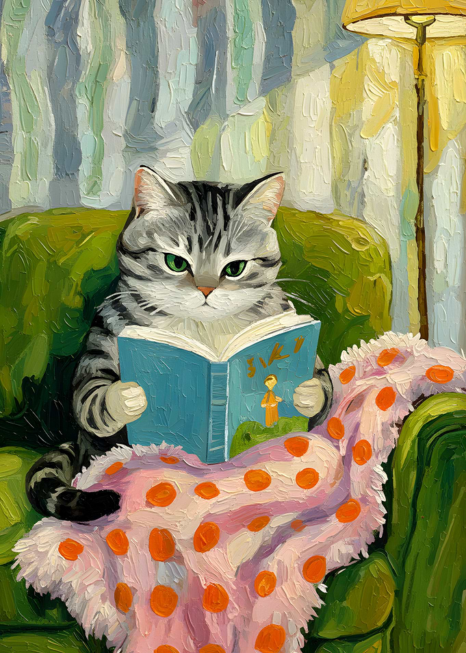 Cat Reading a Book on a Couch