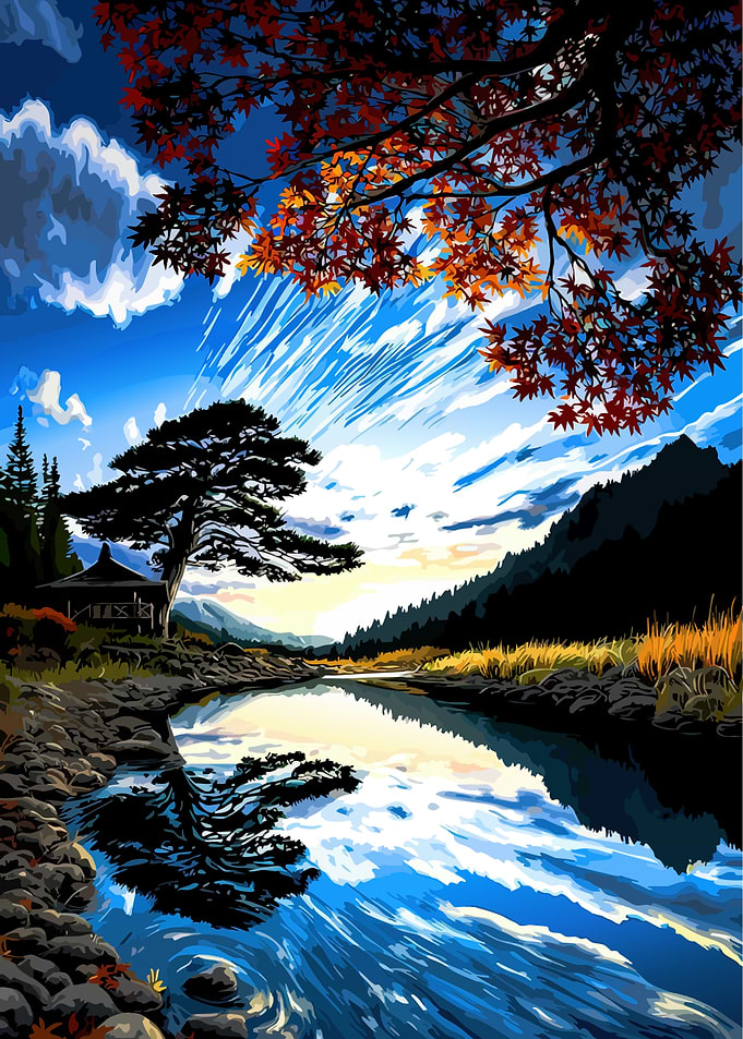Serene Japanese Landscape with Autumn Foliage