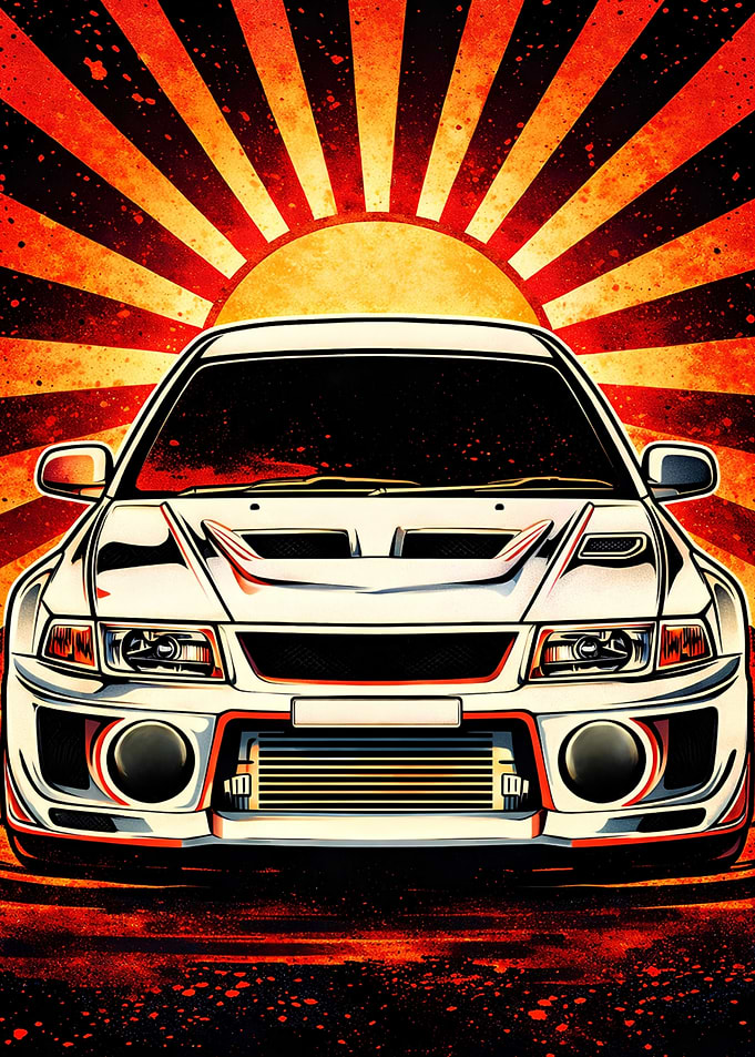 White Sports Car with Japanese Sun Background