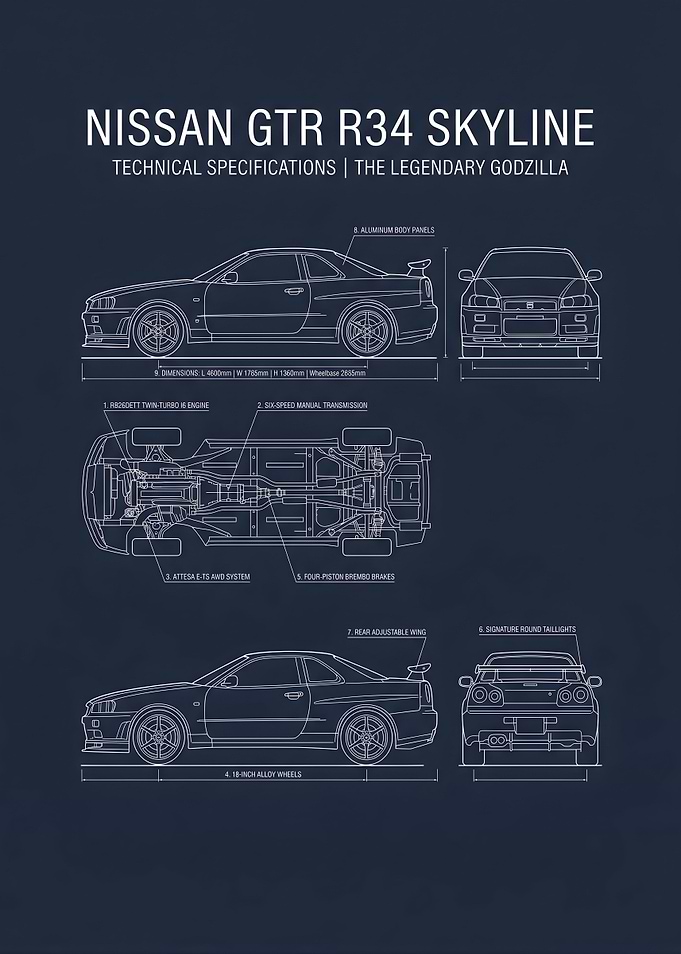 Nissan GTR R34 Skyline Technical Blueprint