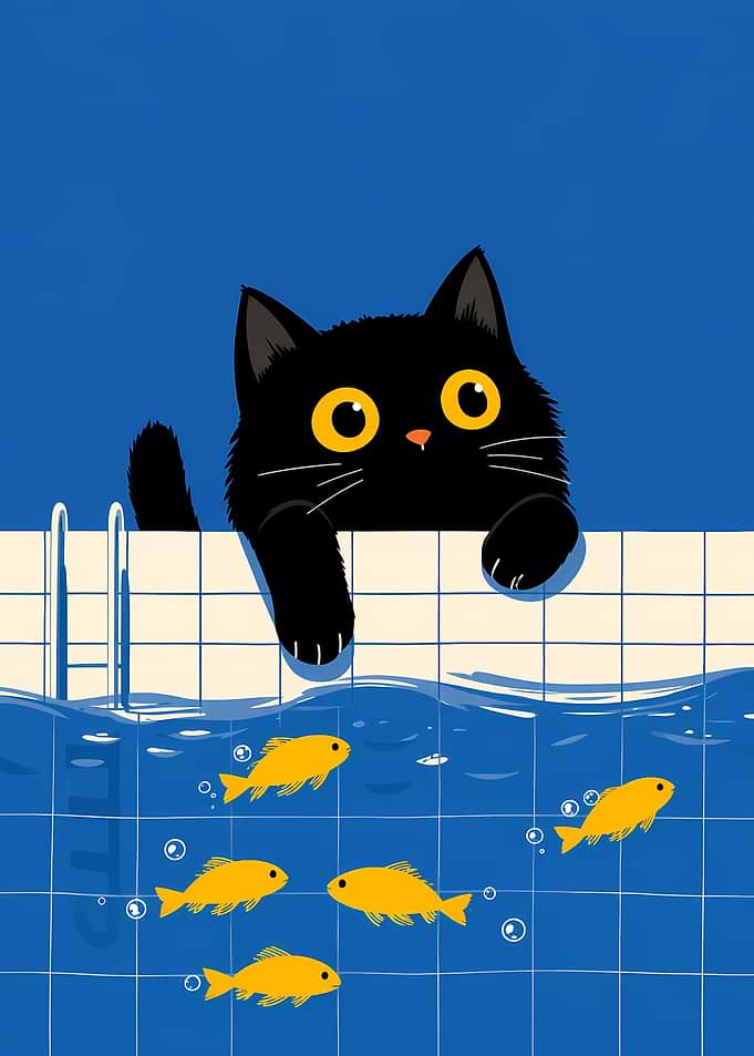 Black cat watching fish in a pool
