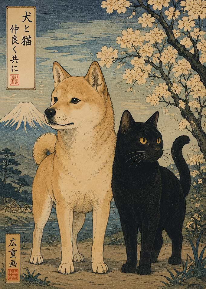 Shiba Inu and Black Cat with Mt. Fuji