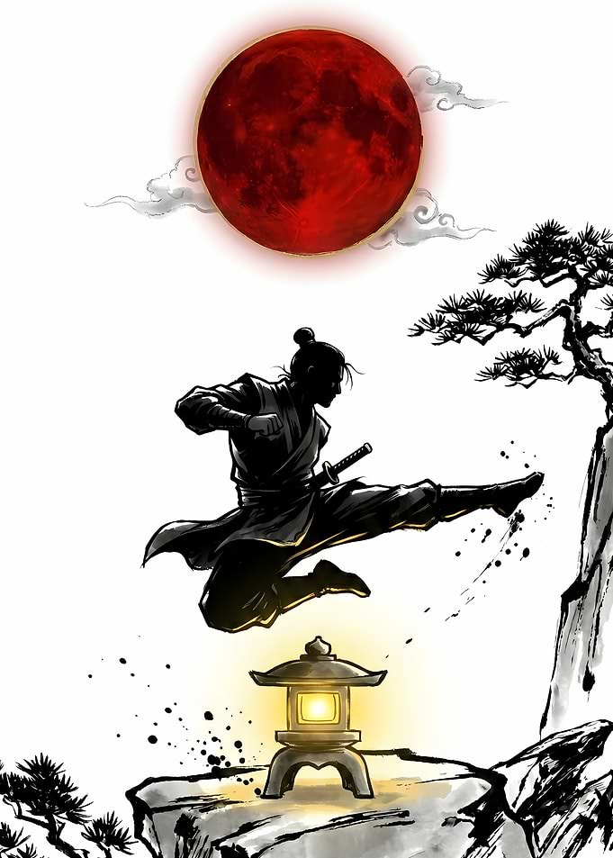 Samurai Kick Under Red Moon