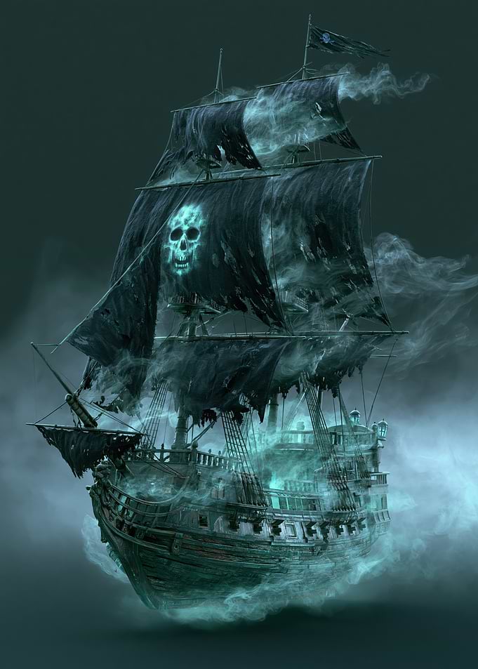 Ghost Pirate Ship with Jolly Roger