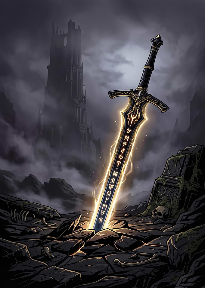 Glowing Rune Sword in Ruined Landscape
