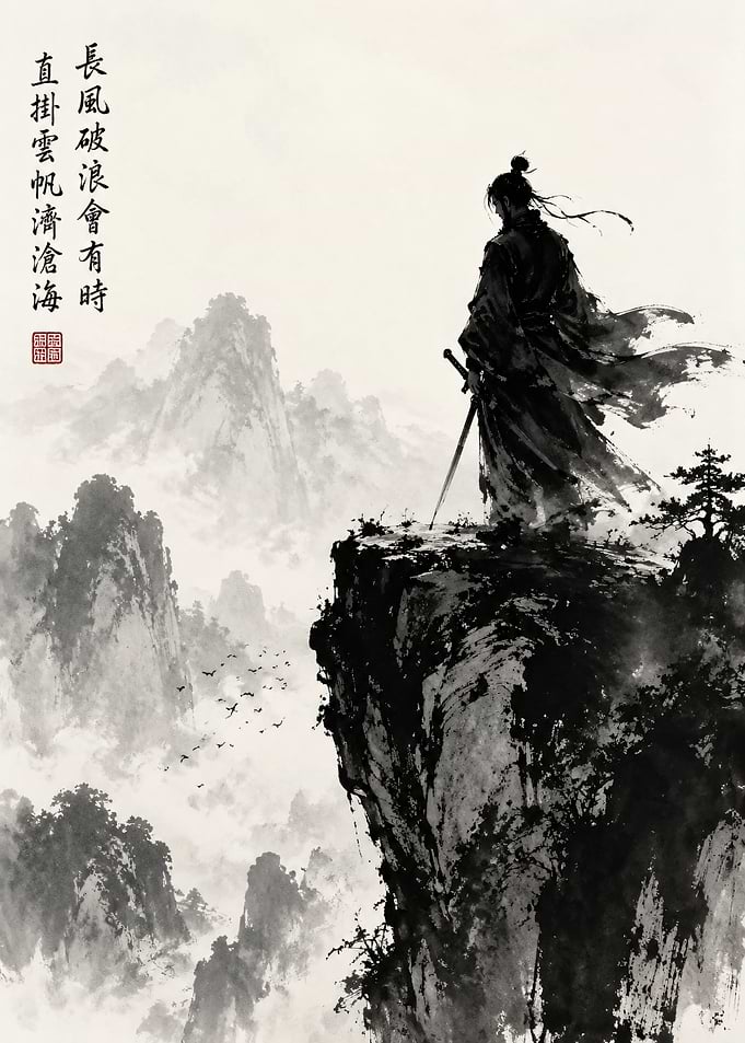 Samurai Overlooking Misty Mountains