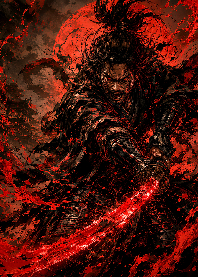 Fierce Samurai Warrior in Blood Splatter