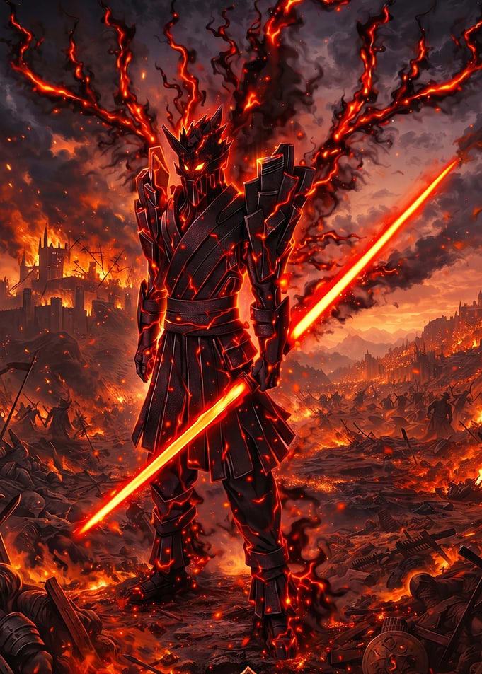 Fiery Warrior with Glowing Swords