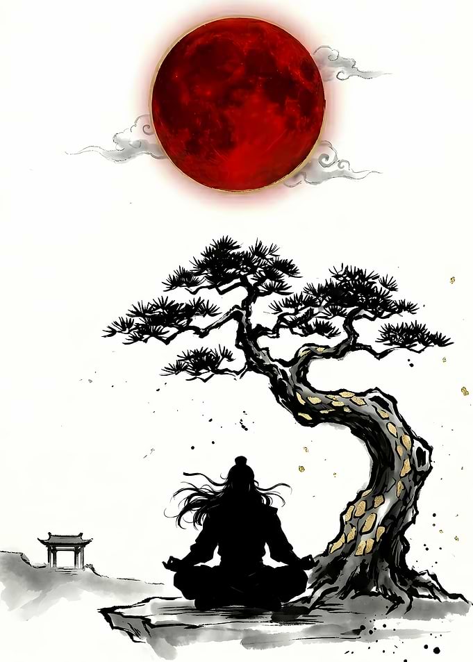 Meditating figure under a red moon
