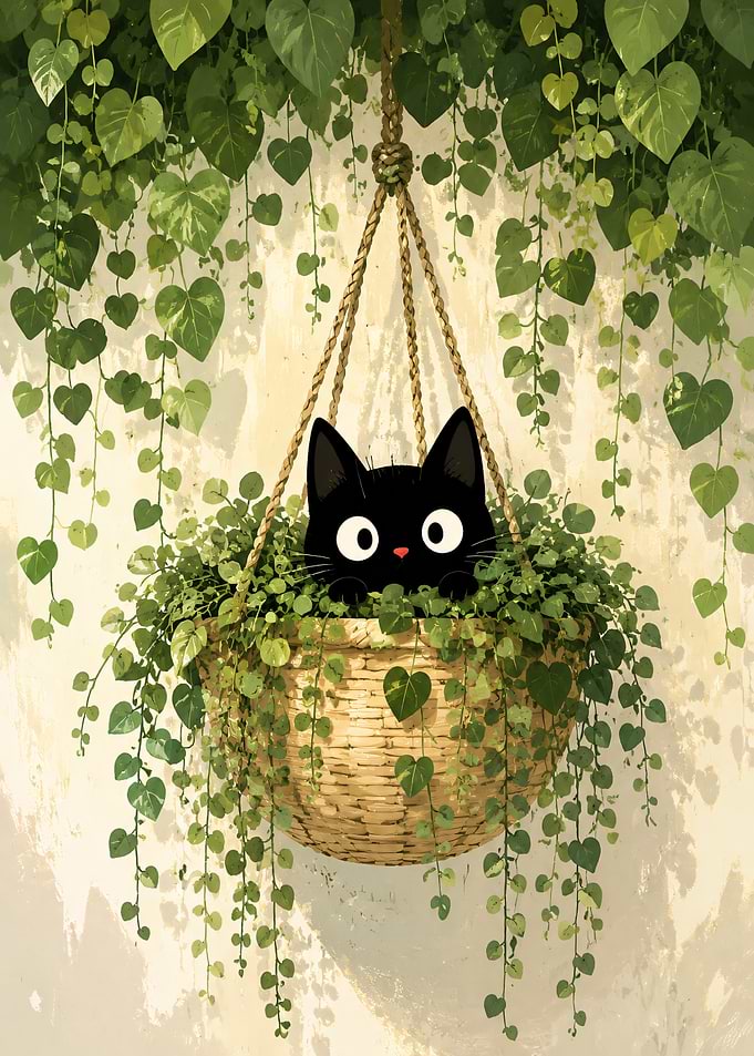 Cute Black Cat Peeking from Hanging Plant