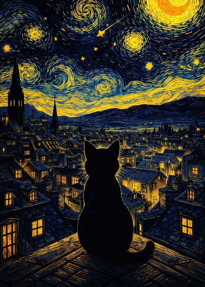 Black Cat on Rooftop Under Starry Night