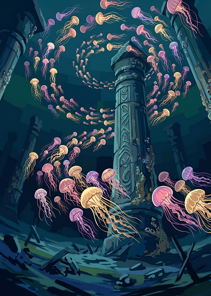 Bioluminescent Jellyfish Swarm Around Ancient Pillar