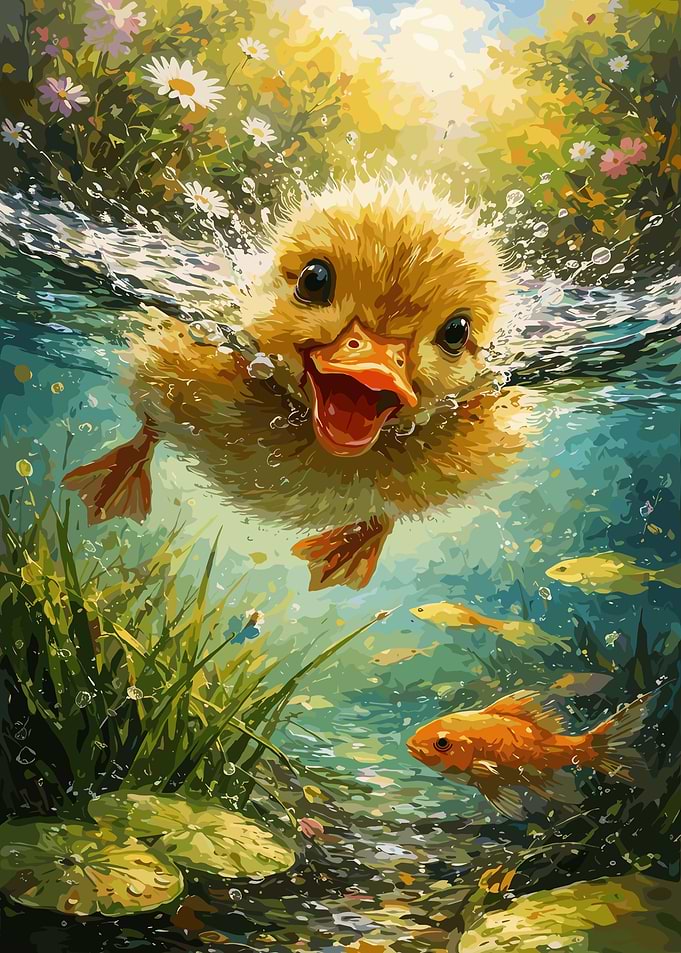 Cute Duckling Swimming with Fish