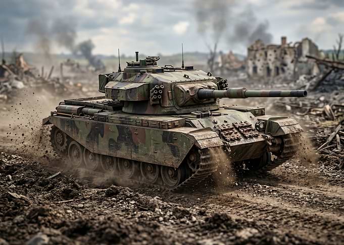 Tank in a War-Torn Landscape