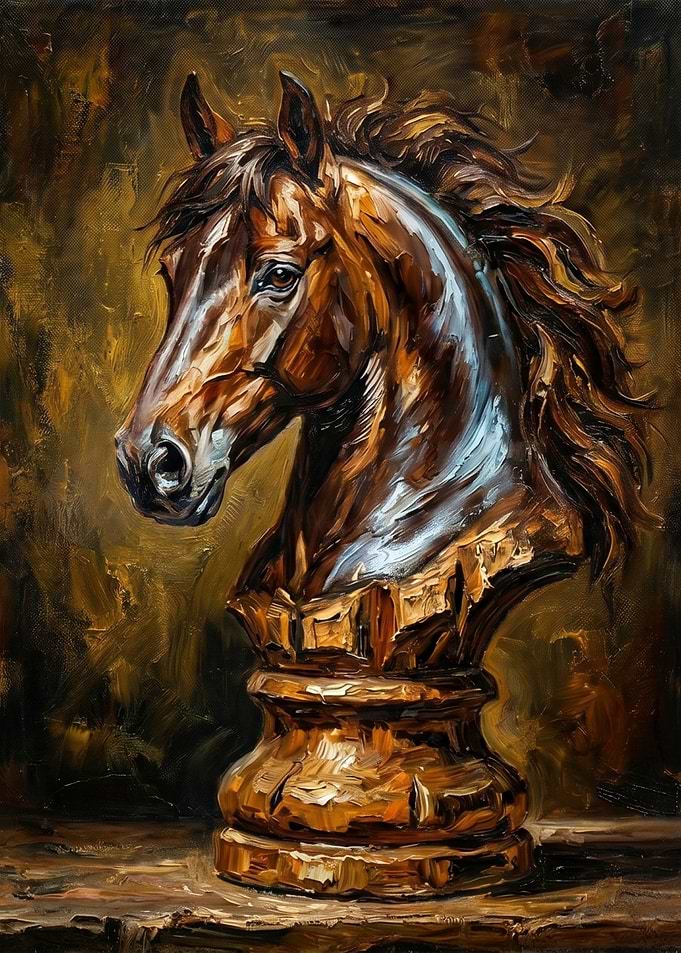 Oil Painting of a Chess Knight Horse