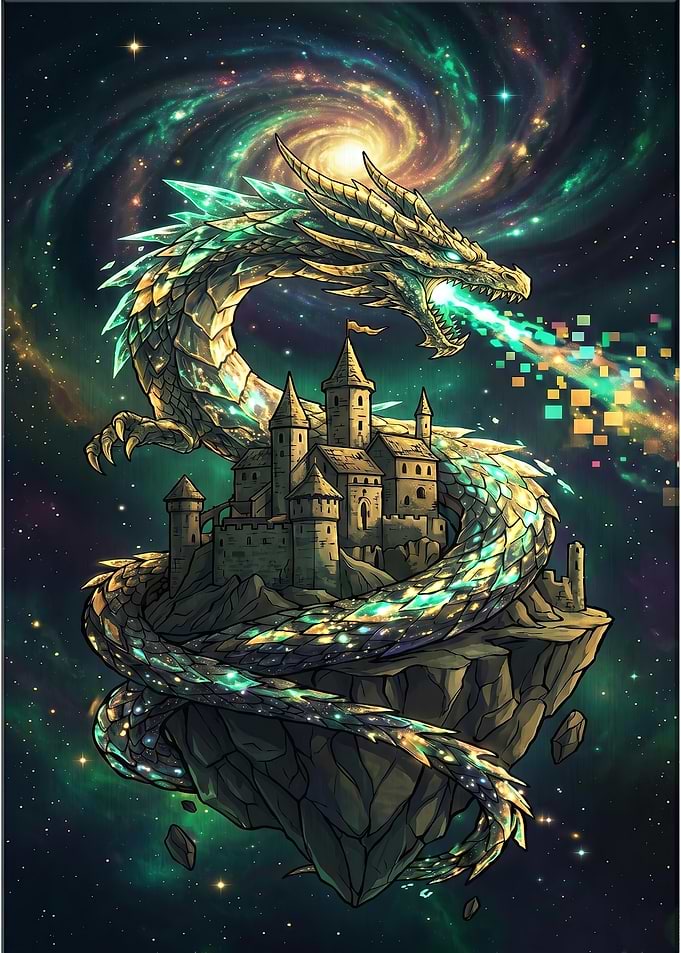 Cosmic Dragon Over Floating Castle