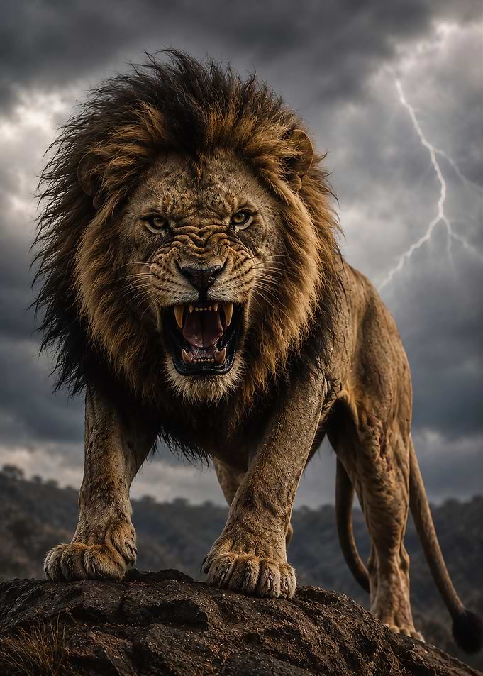Fierce Lion Roaring in Stormy Sky