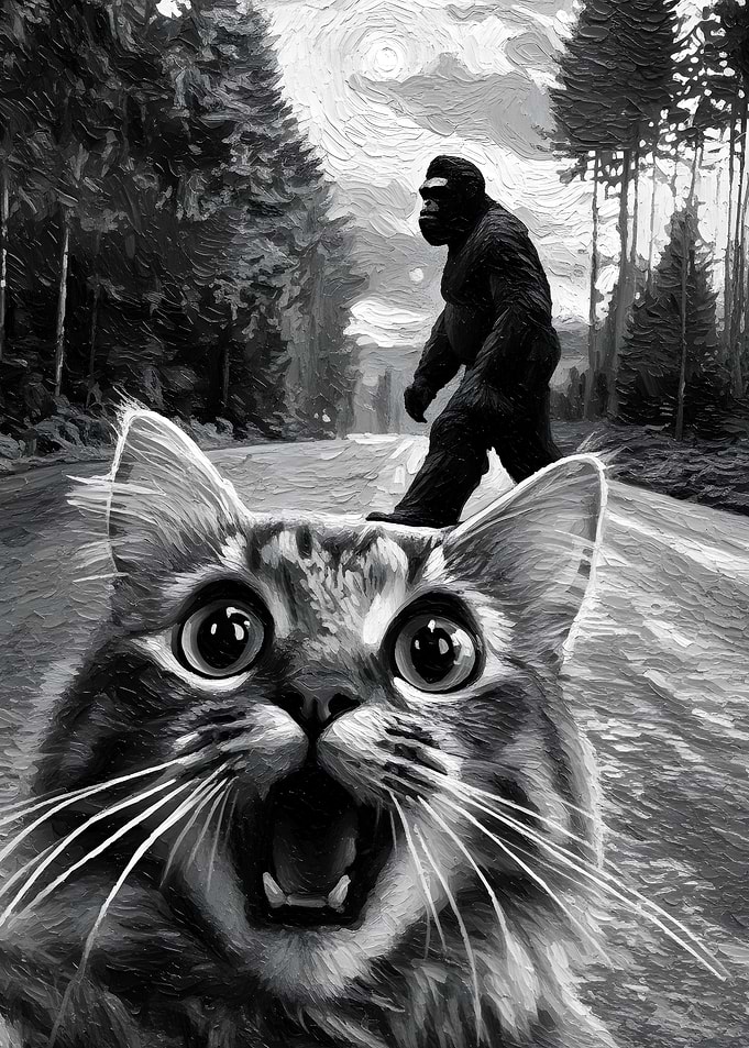 Bigfoot and Cat on Road