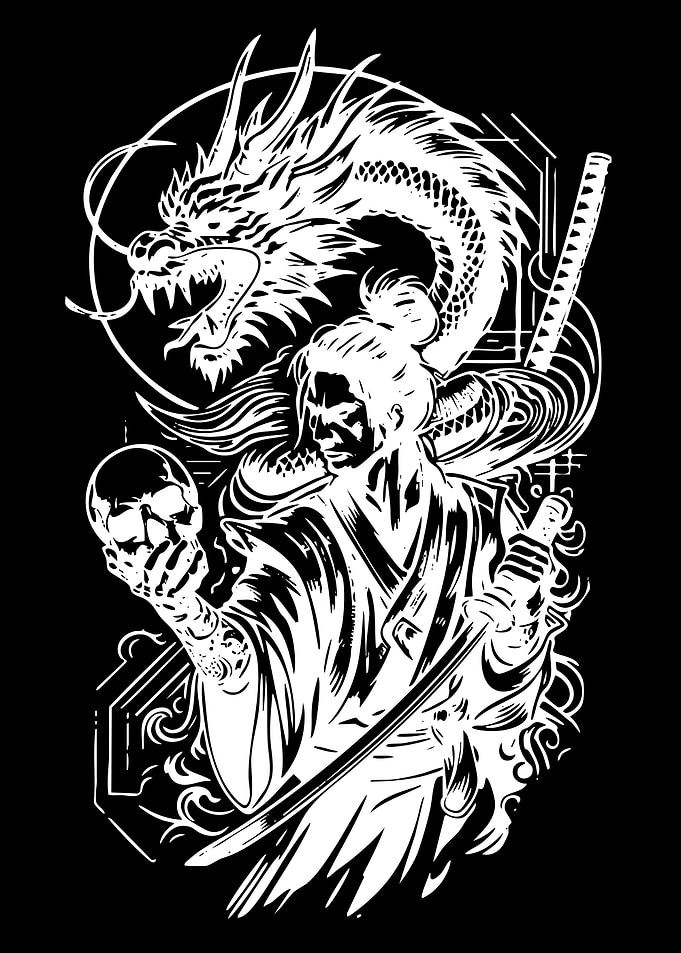 Samurai with Dragon and Skull
