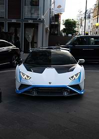 White and Blue Lamborghini STO in London