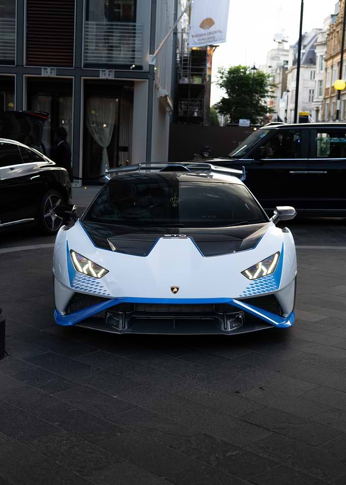 White and Blue Lamborghini STO in London