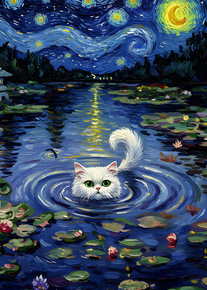 Cat in Starry Night Pond