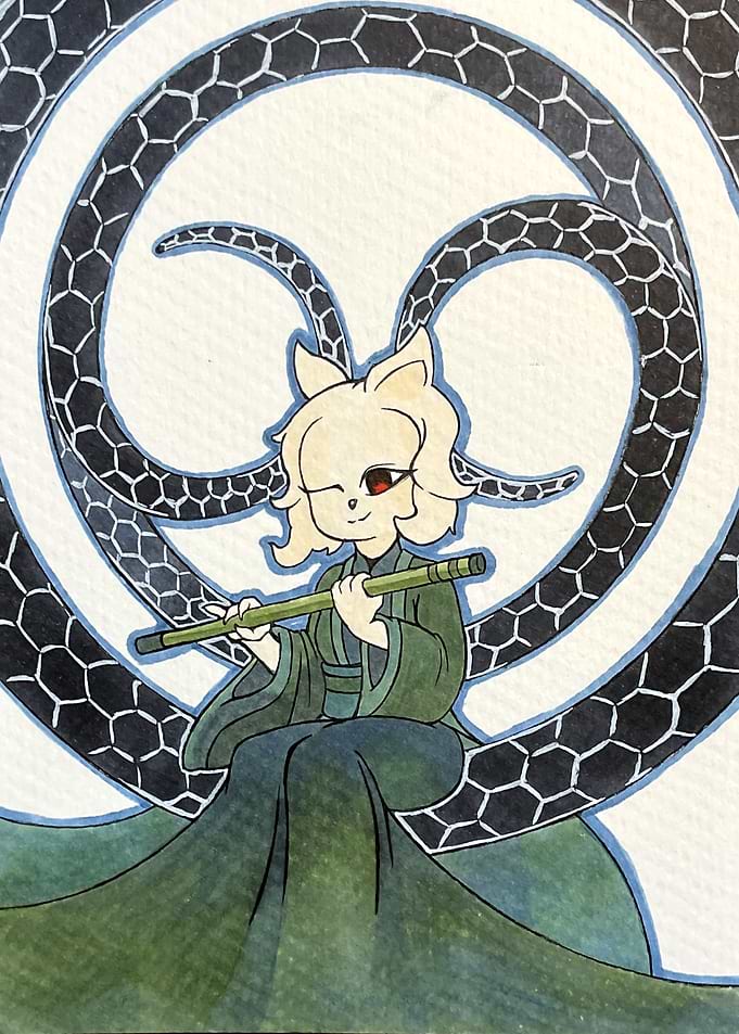 Kitsune playing a flute with a spiral background