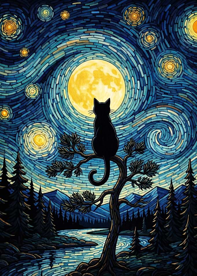 Black Cat Under Starry Night Moon