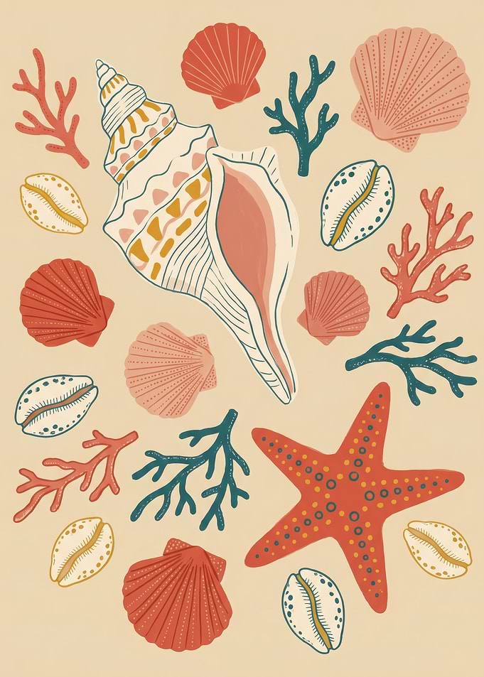 Seashell and Starfish Coastal Illustration