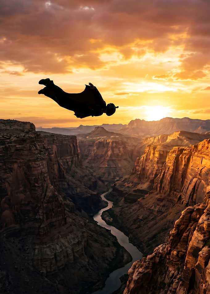 Wingsuit flyer over Grand Canyon at sunset