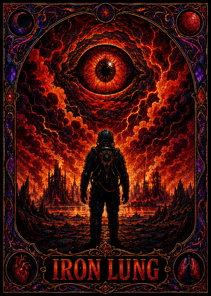 Iron Lung Astronaut in Fiery Landscape
