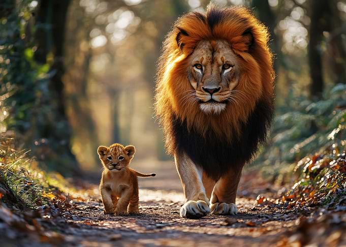 Lion and cub walking in forest