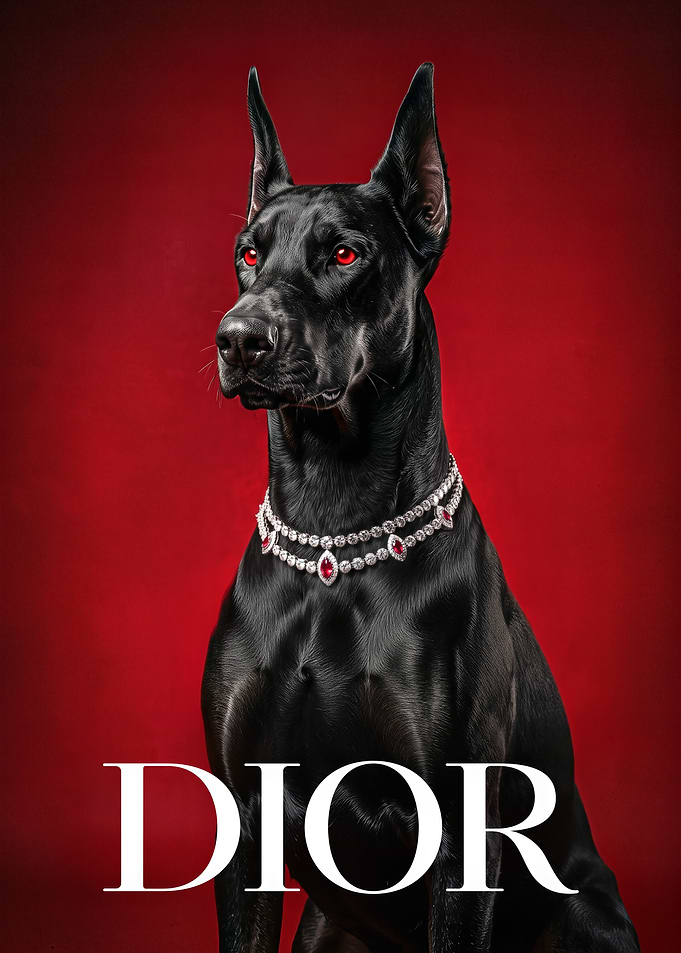 Doberman with Dior Necklace