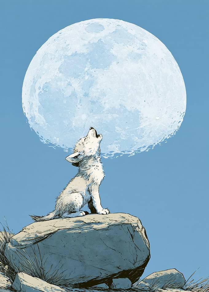 Wolf Cub Howling at the Moon