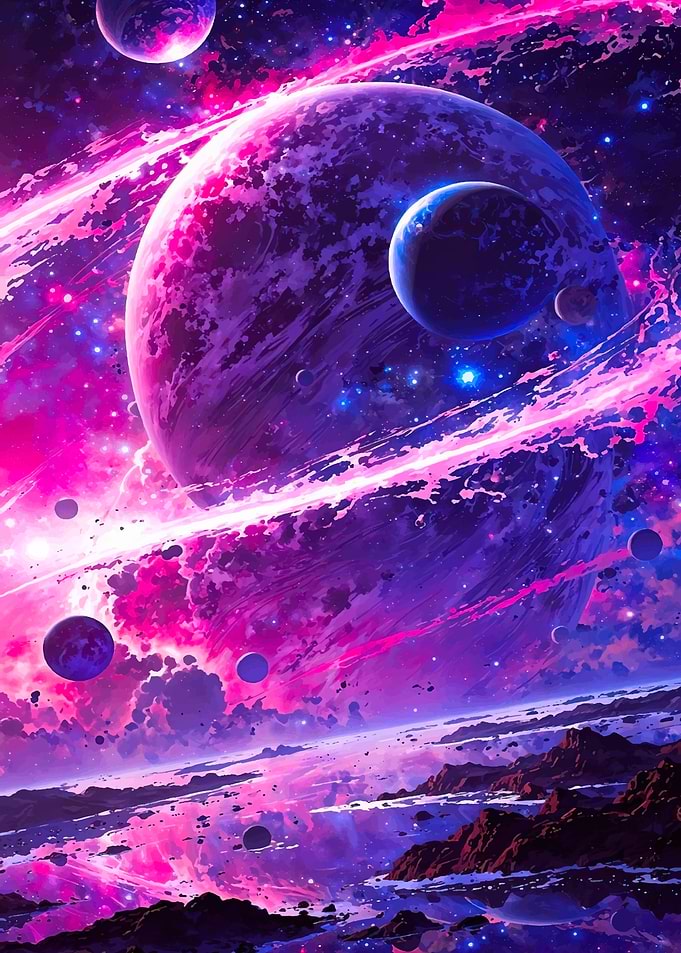 Cosmic Nebula with Planets