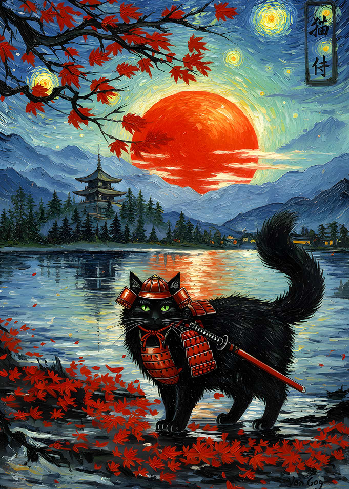 Samurai Cat Under a Red Moon