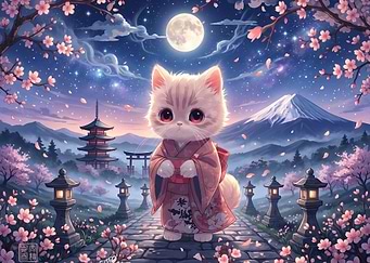 Cute Cat in Kimono Under Cherry Blossoms