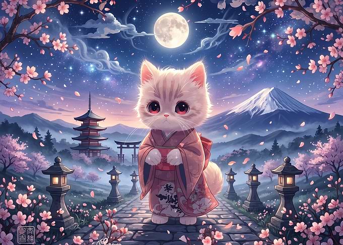 Cute Cat in Kimono Under Cherry Blossoms