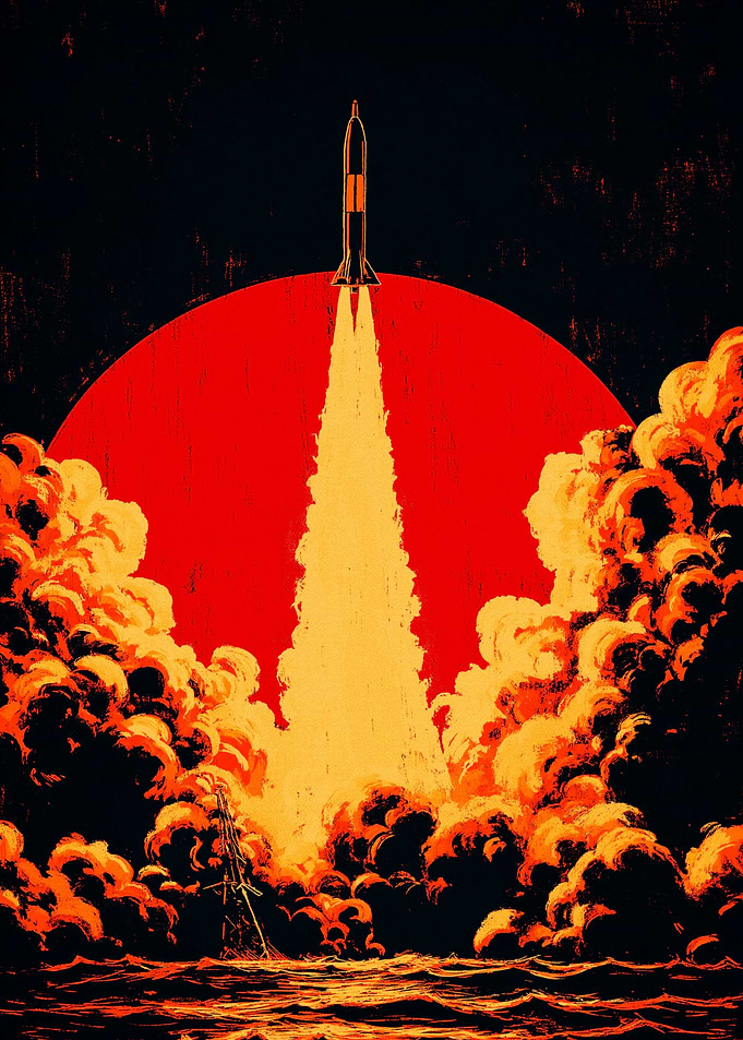 Rocket Launch Over Red Sun