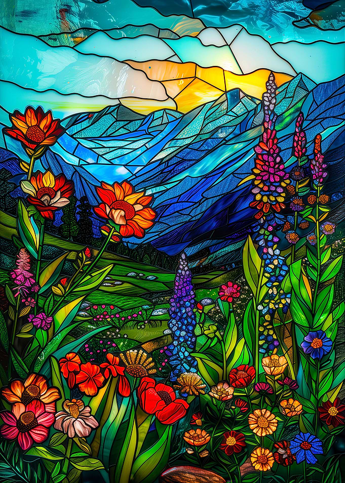Stained Glass Mountain Landscape