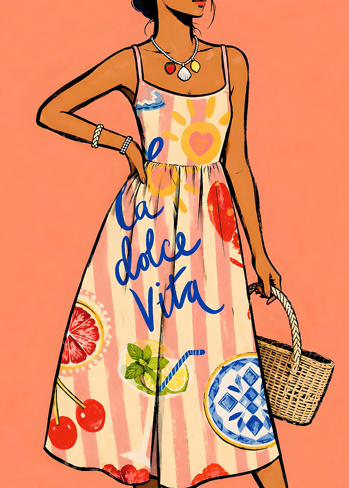Woman in a summer dress with 'La Dolce Vita' text