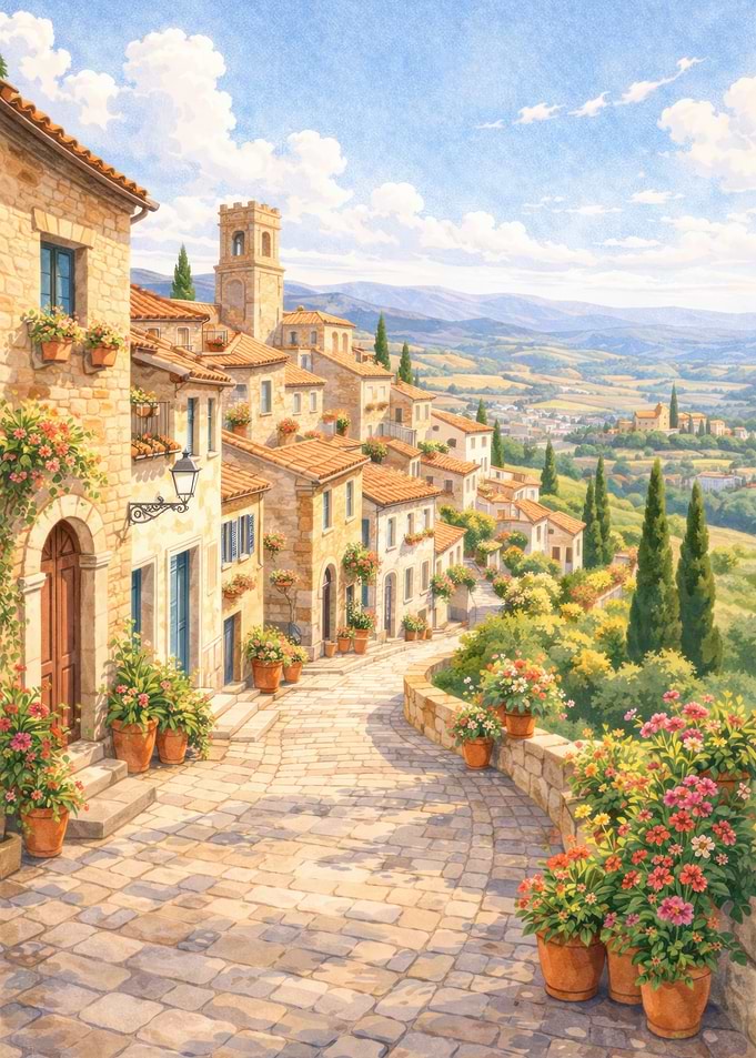 Tuscan Village Street with Flowers - Mediterranean Village in Bloom