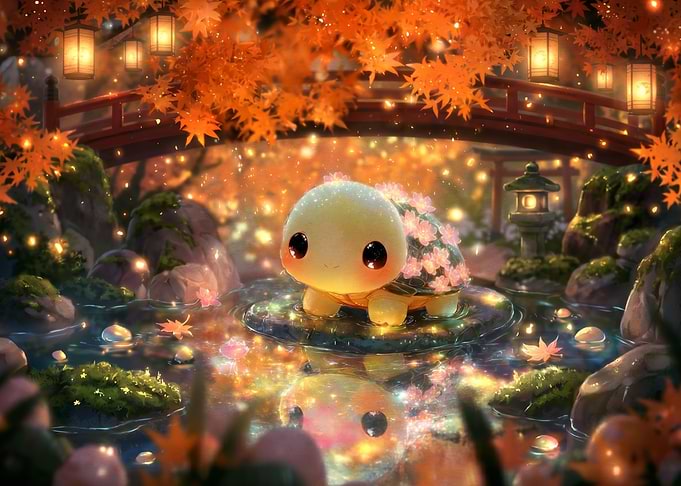 Cute Turtle in Autumn Garden