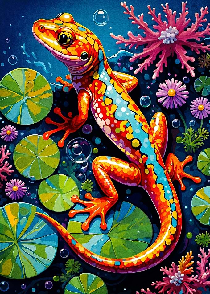Vibrant Salamander on Lily Pads