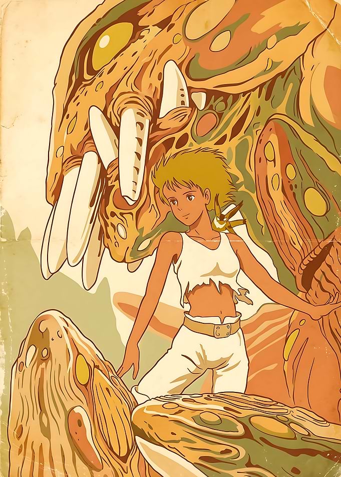 Girl and Monster in Vintage Anime Style