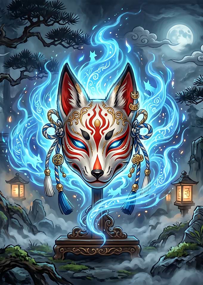 Kitsune Mask with Blue Flames